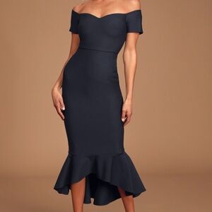Lulus How Much I Care Midnight Blue Off-the-shoulder Midi Dress - Size S